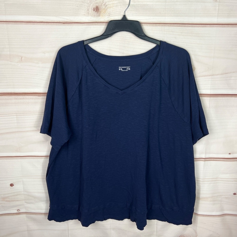 Canyon Retreat Top Womens 2X Blue V-Neck T-Shirt Short Sleeve Tunic Cotton Knit